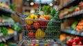 A shopping cart filled with vegetables and fruits in a grocery store, AI Royalty Free Stock Photo