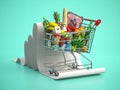 Shopping cart with foods on receipt. Grocery expenses budget, inflation and consumerism concept