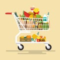 Shopping Cart with Foodstuff. Vector Icon.