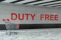 Shopping Cart in Front of International Airport, Bus or Train Station Interior Wall with Duty Free Sign. 3d Rendering