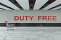 Shopping Cart in Front of International Airport, Bus or Train Station Interior Wall with Duty Free Sign. 3d Rendering