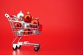 Shopping cart full of Christmas balls. AI generated. Supermarket trolley with decoration, winter holidays. Christmas sale