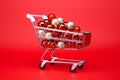 Shopping cart full of Christmas balls. AI generated. Supermarket trolley with decoration, winter holidays. Christmas sale