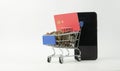 Shopping cart full of coins with a bank credit card and a cell phone.Shopping online spend and save money, financial business