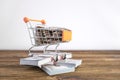 Shopping cart full of coins stands on dollars of a bundle of banknotes on a white background. Royalty Free Stock Photo