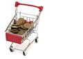 Shopping cart full of coins on white background, shopping Royalty Free Stock Photo