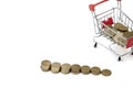 Shopping cart full of coins on white background, shopping Royalty Free Stock Photo