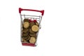 Shopping cart full of coins on white background, shopping Royalty Free Stock Photo