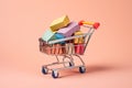 Shopping cart full of colorful gift boxes on pastel pink background, Mini shopping cart with shopping bags and boxes, AI Generated