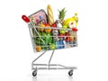 Shopping cart full of food isolated on white. Grocery and food store concept Royalty Free Stock Photo