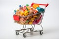 Shopping cart full of food on white background. Grocery and food store concept. Copy space. Generative Ai Royalty Free Stock Photo