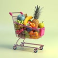 Shopping cart full of fruit, 3d illustration shopping concept.