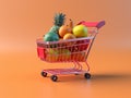 Shopping cart full of fruit, 3d illustration shopping concept.