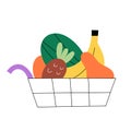 Shopping cart full of fruits, pear, banana and watermelon placed into grocery basket. Vector illustration Royalty Free Stock Photo