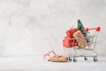 Shopping cart full of gift boxes and a Christmas tree Royalty Free Stock Photo