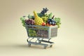 Shopping cart full of groceries. Space for text. AI generated image