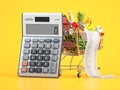 Shopping cart full of grocery food with receipt and calculator. Home budget, savings, inflation and consumerism concept