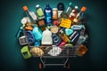 Shopping cart full of household chemicals on dark blue background. 3d illustration