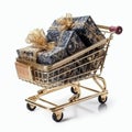 Shopping cart full of luxury present boxes. Ai generated photo