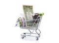 Shopping cart full of money banknotes and coins for shopping. Royalty Free Stock Photo