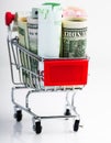 Shopping cart full of money (dollar, euro )