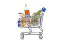 Shopping cart full of pharmaceutical drug ,medicine pills ,plants and food supplement Royalty Free Stock Photo