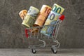 Shopping cart full of roll euro banknotes Royalty Free Stock Photo