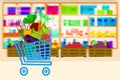 Shopping cart full of vegetables on supermarket shelves background.