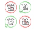 Shopping cart, Gift box and Alarm clock icons set. Surprise package sign. Gift box, Present package, Time. Vector Royalty Free Stock Photo