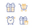 Shopping cart, Gift box and Alarm clock icons set. Surprise package sign. Gift box, Present package, Time. Vector Royalty Free Stock Photo