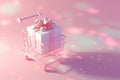 Shopping cart with gift box. Shopping basket with gift on pastel background. Sale, Black Friday concept, shopping season, purchase