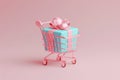 Shopping cart with gift box. Shopping basket with gift on pastel background. Sale, Black Friday concept, shopping season, purchase