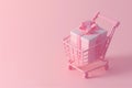 Shopping cart with gift box. Shopping basket with gift on pastel background. Sale, Black Friday concept, shopping season, purchase