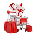 Shopping cart and gift box with paper bag isolated on white background 3D render Royalty Free Stock Photo