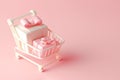 Shopping cart with gift boxes. Shopping basket full of gifts on pastel background. Sale, Black Friday concept, shopping season,