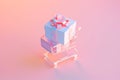 Shopping cart with gift boxes. Shopping basket full of gifts on pastel background. Sale, Black Friday concept, shopping season,