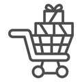 Shopping cart with gift boxes line icon, shopping concept, trolley full of gifts sign on white background, Supermarket Royalty Free Stock Photo