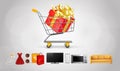 Shopping cart with gift. Realistic still pushcart. Shopping banner kit with present and appliances. Full basket with TV