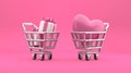 Shopping cart with gifts and big pink heart in bright pink background. Love purchase concept. 3d rendering Royalty Free Stock Photo