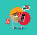 A shopping cart with gifts isolated on green background. Realistic of shopping trolley. Vector Illustration Royalty Free Stock Photo