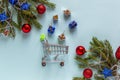 Shopping cart with gifts surrounded by decorated pine branches.