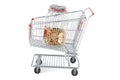 Shopping cart with glass jar full of golden coins, 3D rendering