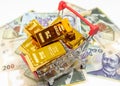 Shopping cart with gold bullion bars and romanian currency lei security investment buying metaphor concept