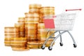 Shopping cart with golden coins, 3D rendering