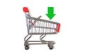 Shopping cart with green downward arrow on white background - Concept of add to cart