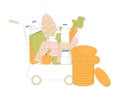 Shopping cart with groceries and coins stack. Adjusted Gross Income. AGI