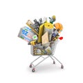 Shopping cart with heap of building materials