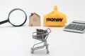 Shopping cart and house on white background. Buying new house, Royalty Free Stock Photo