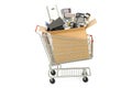 Shopping cart with household and kitchen appliances, 3D rendering Royalty Free Stock Photo