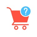 Shopping cart icon, commerce icon with question mark. Shopping cart icon and help, how to, info, query symbol